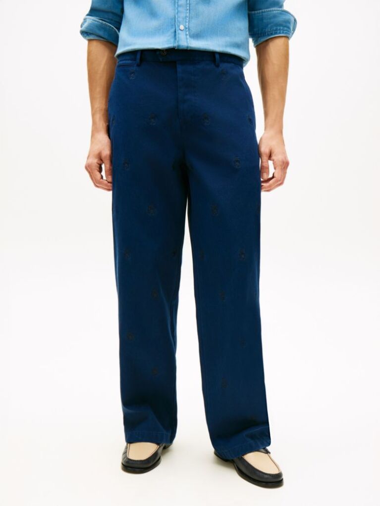 Blue Crest Embroidery Loose Twill Chinos  Men