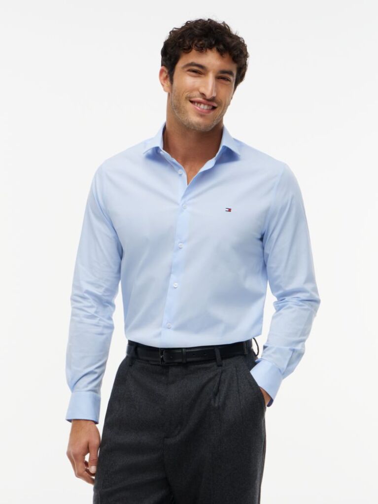 Blue Slim Fit Flag Embroidery Shirt  Men
