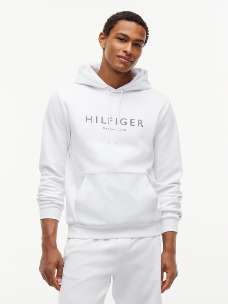 White Logo Drawstring Hoody  Men