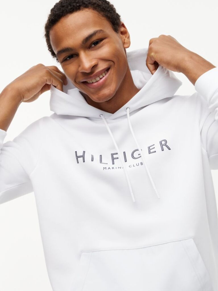 White Logo Drawstring Hoody  Men