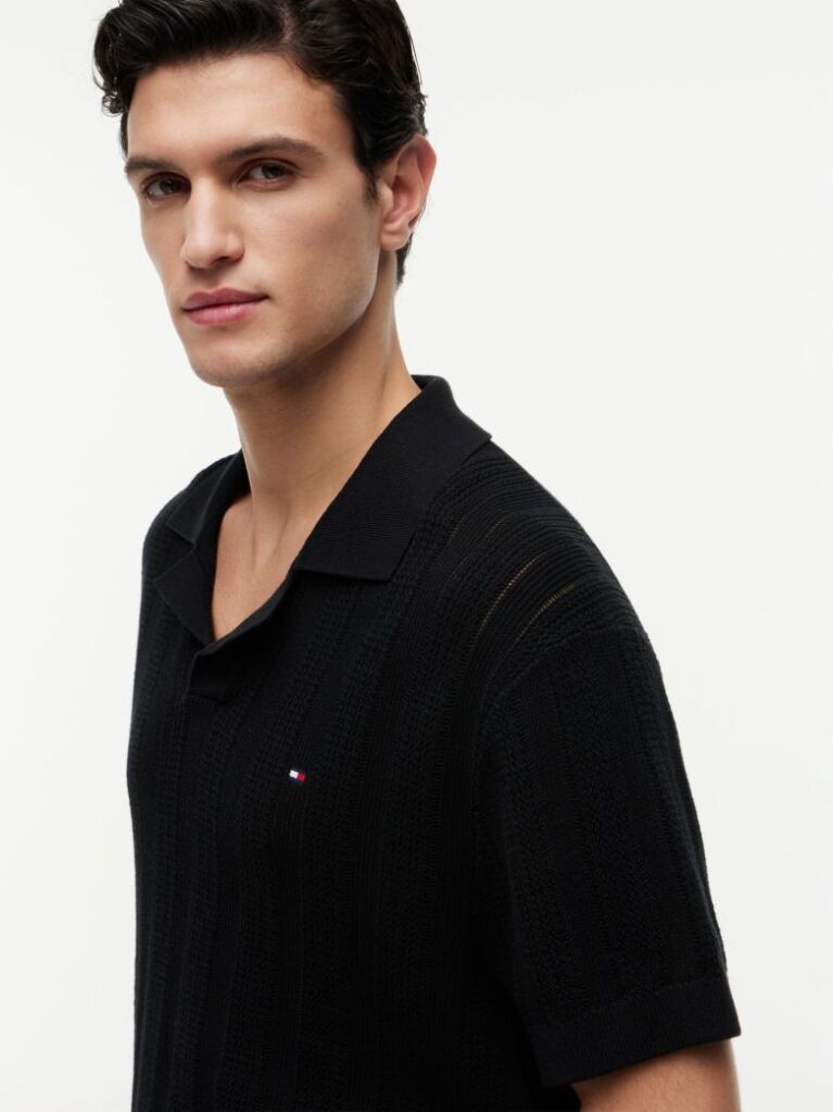 Black Relaxed Pointelle Structured Polo Shirt With Linen  Men