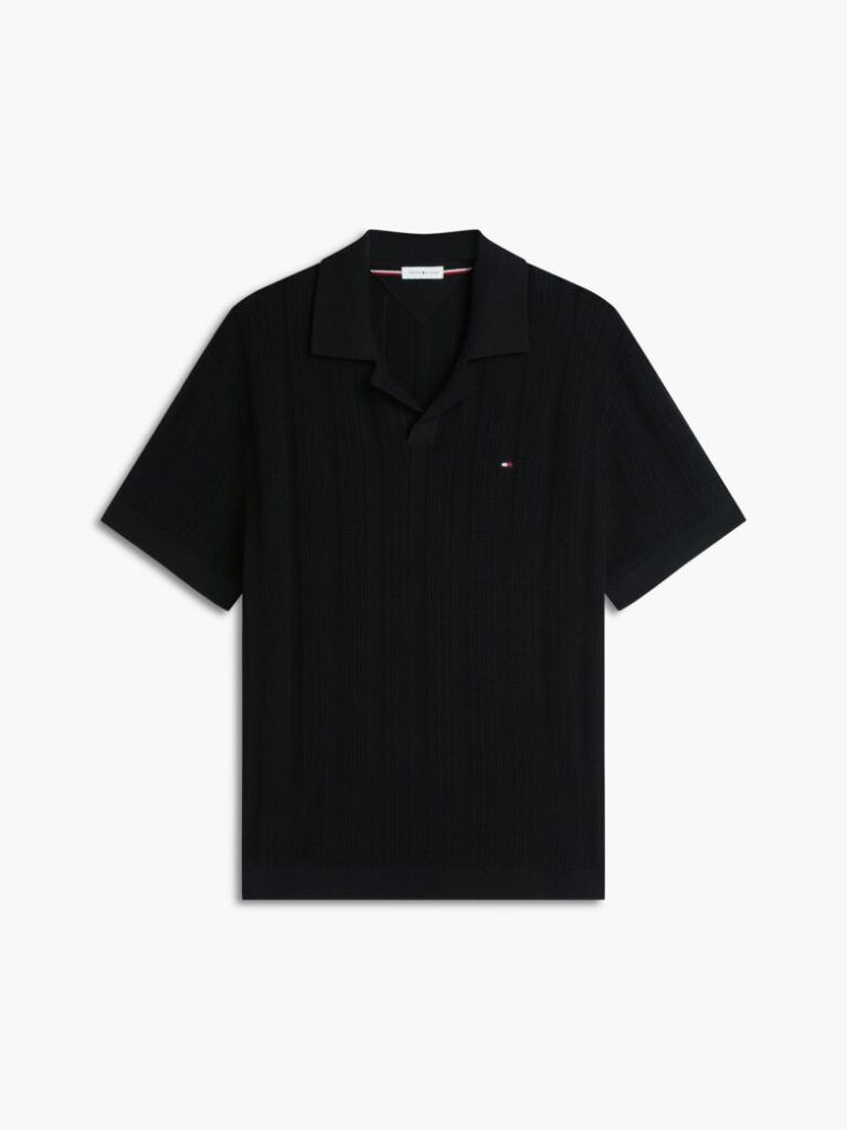 Black Relaxed Pointelle Structured Polo Shirt With Linen  Men