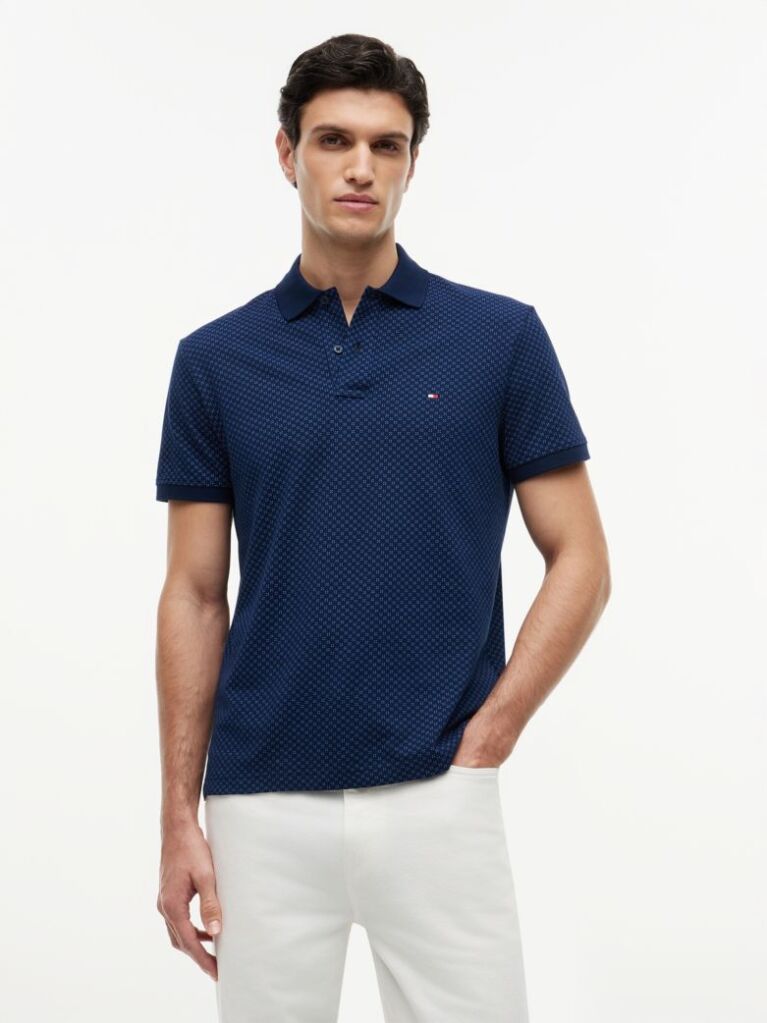Blue Regular Fit Geometric Print Polo Shirt  Men