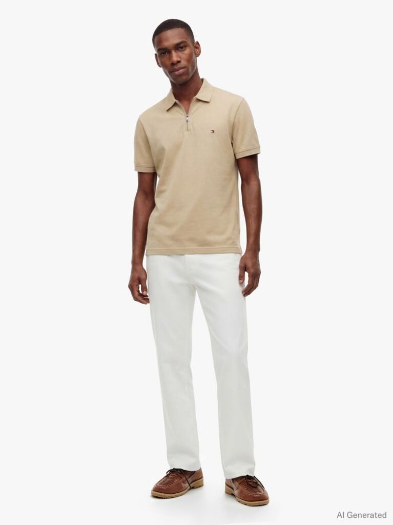 Beige Regular Fit Zip Placket Polo Shirt  Men