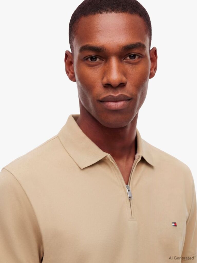 Beige Regular Fit Zip Placket Polo Shirt  Men