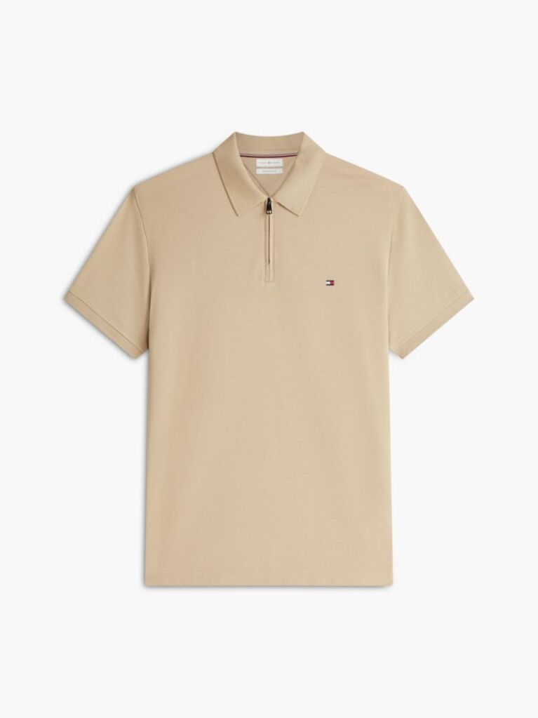 Beige Regular Fit Zip Placket Polo Shirt  Men