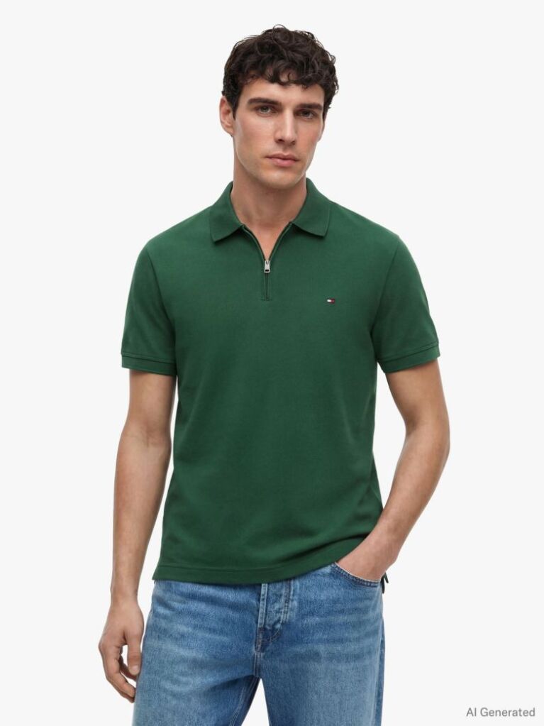 Green Regular Fit Zip Placket Polo Shirt  Men