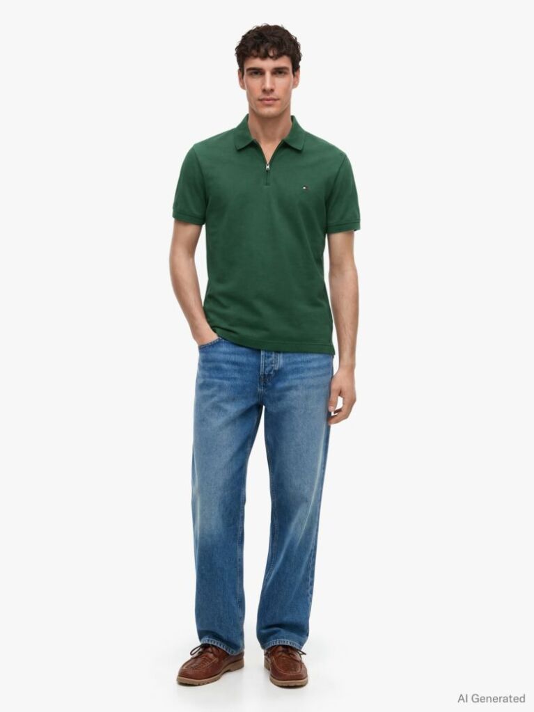 Green Regular Fit Zip Placket Polo Shirt  Men