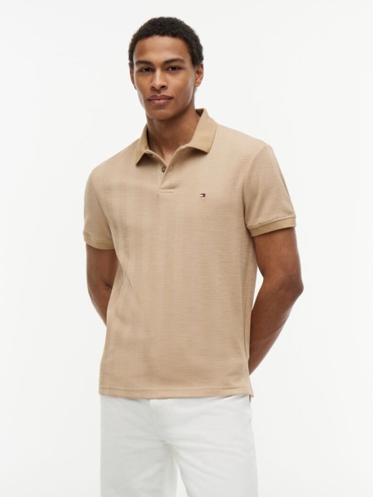 Beige Regular Fit Tonal Stripe Polo Shirt  Men