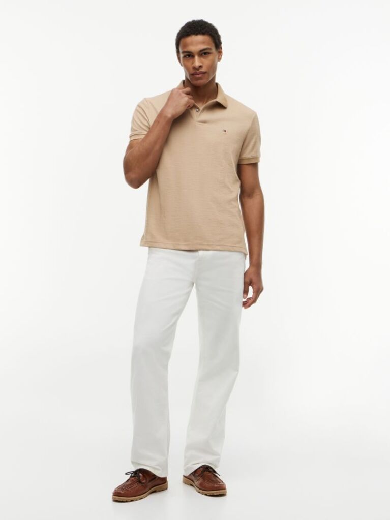 Beige Regular Fit Tonal Stripe Polo Shirt  Men