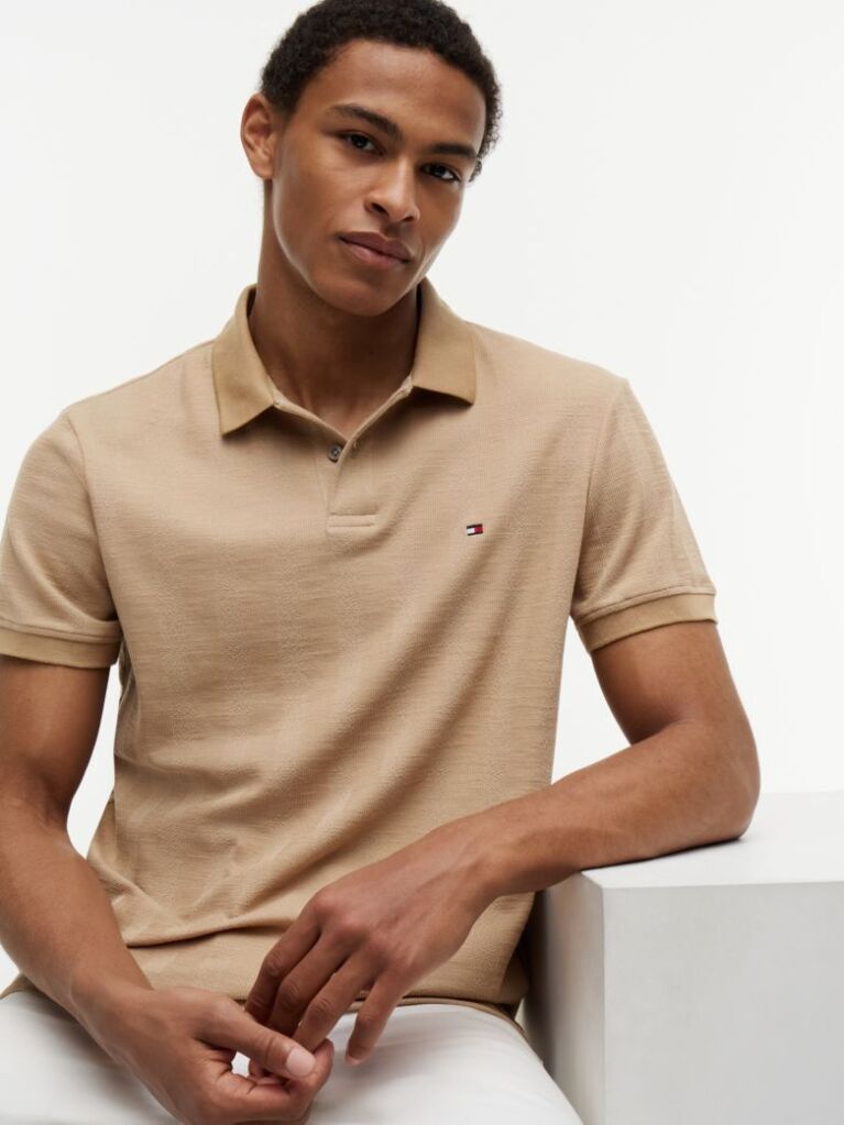 Beige Regular Fit Tonal Stripe Polo Shirt  Men