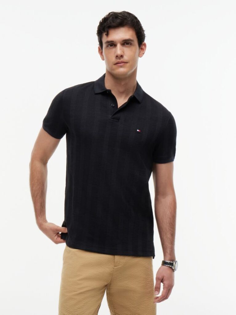 Black Regular Fit Tonal Stripe Polo Shirt  Men