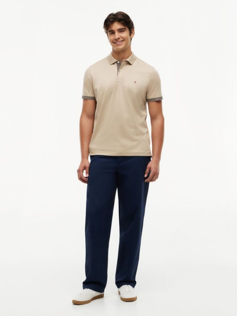Beige Regular Fit Tipped Cuff Polo Shirt  Men