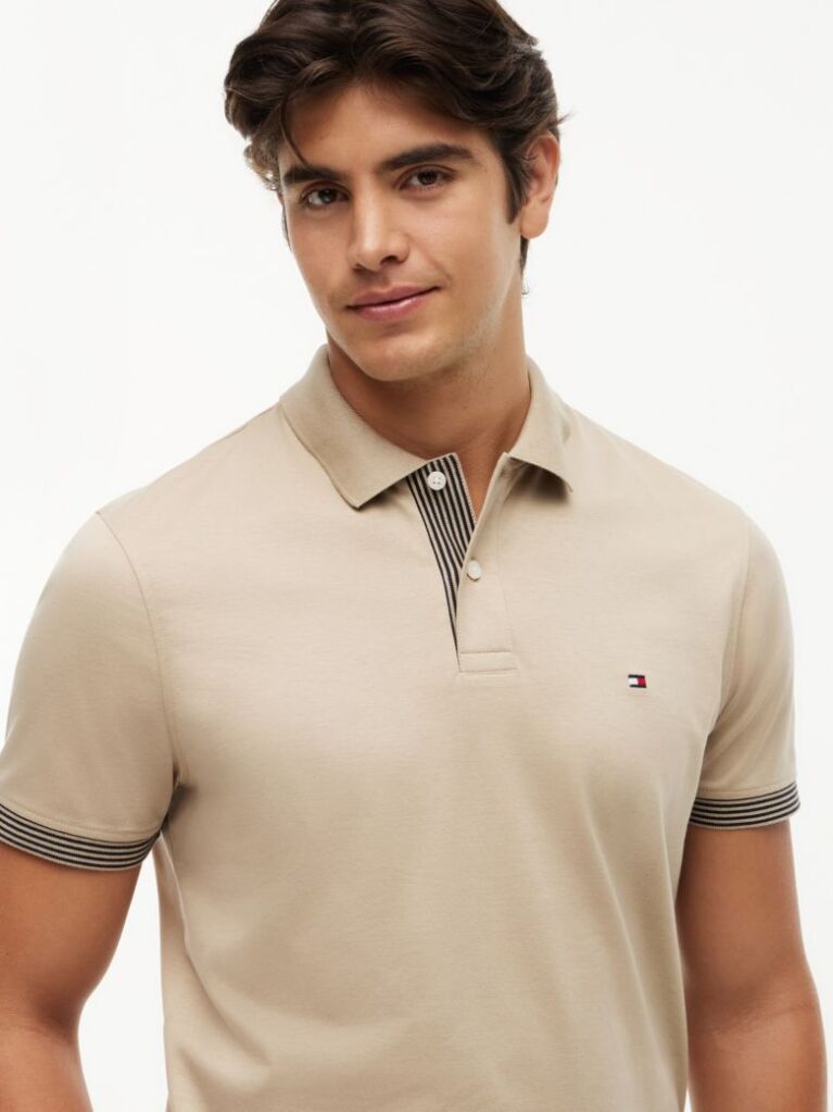 Beige Regular Fit Tipped Cuff Polo Shirt  Men
