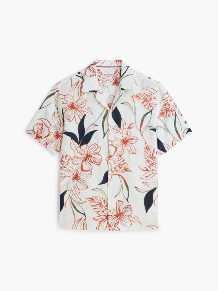 Multi Regular Tropical Print Linen Short Sleeve Shirt  Men