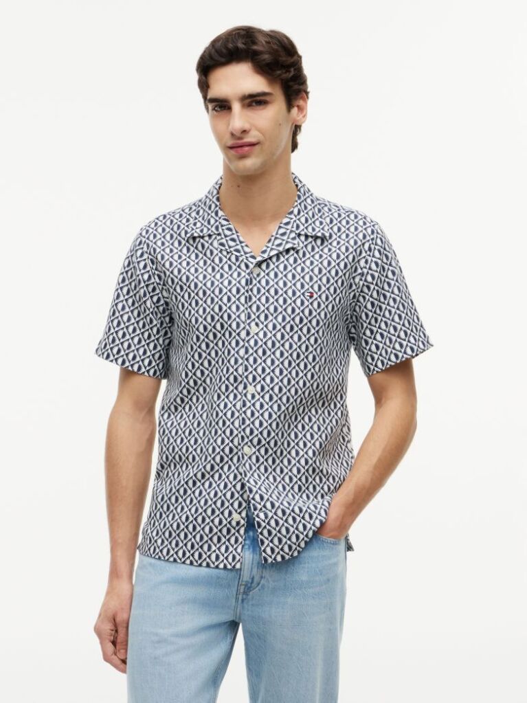 Multi Regular Linen Blend Print Short Sleeve Shirt  Men