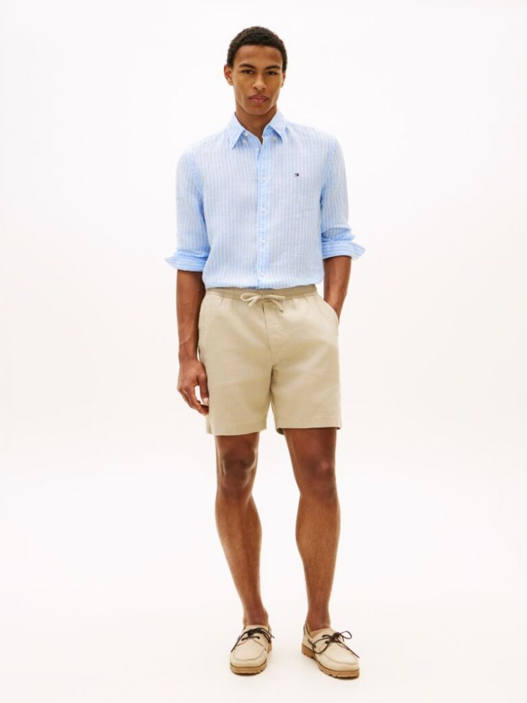 Khaki Dover Linen Blend 8" Inseam Chino Bermuda Shorts  Men