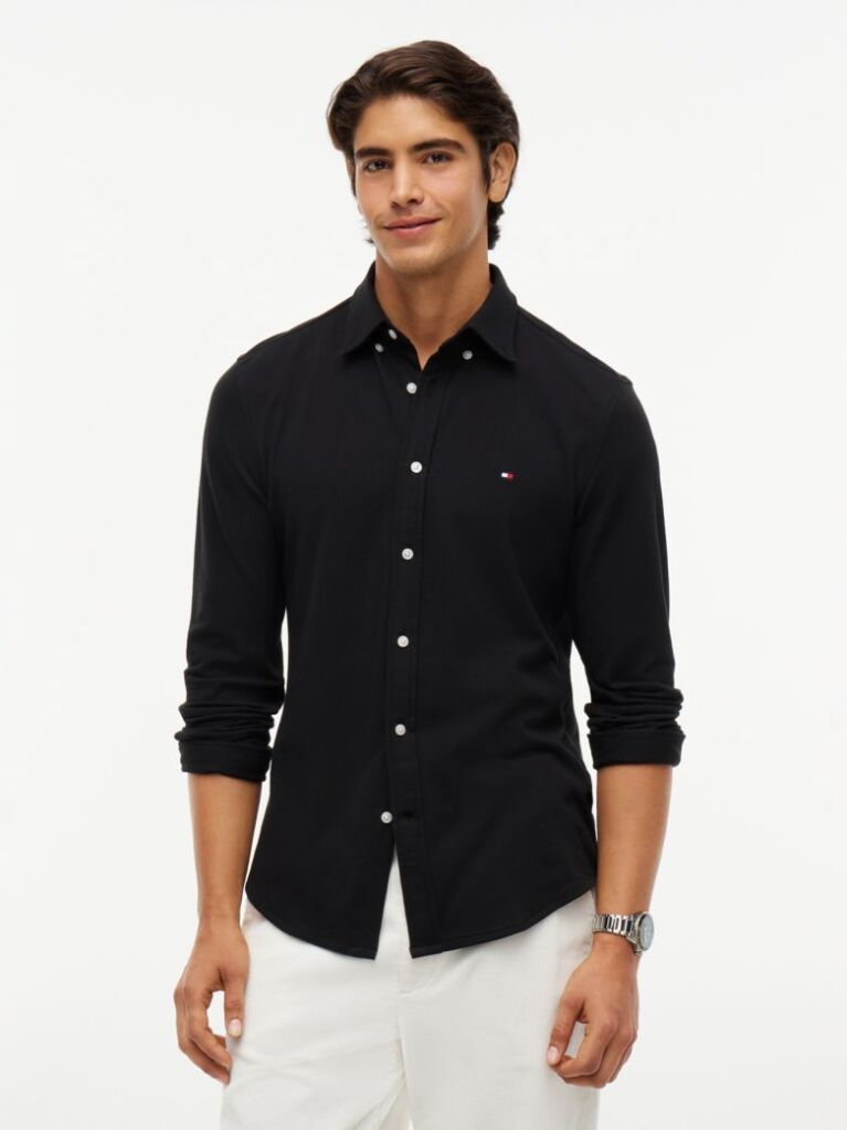 Black Slim Fit Knit Pique Shirt  Men