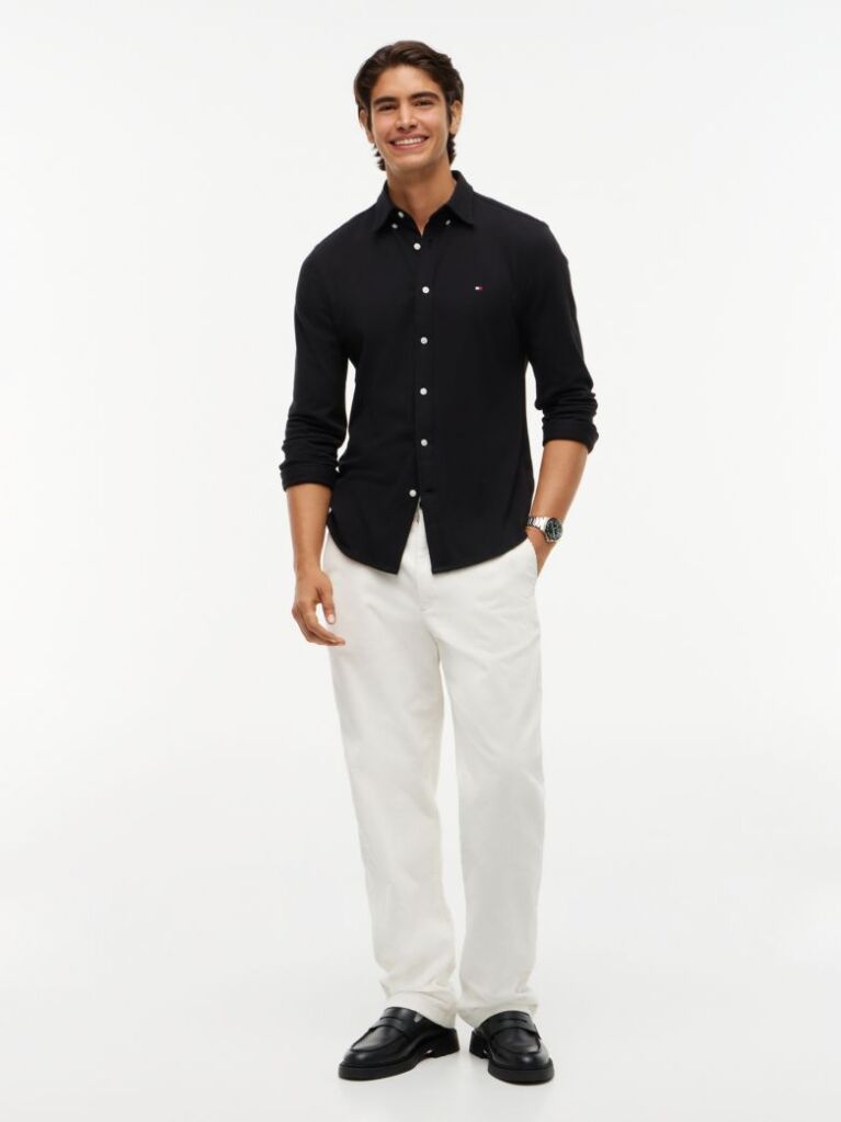 Black Slim Fit Knit Pique Shirt  Men