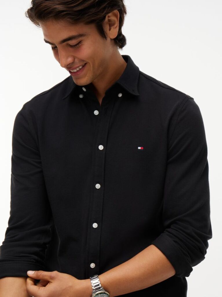 Black Slim Fit Knit Pique Shirt  Men
