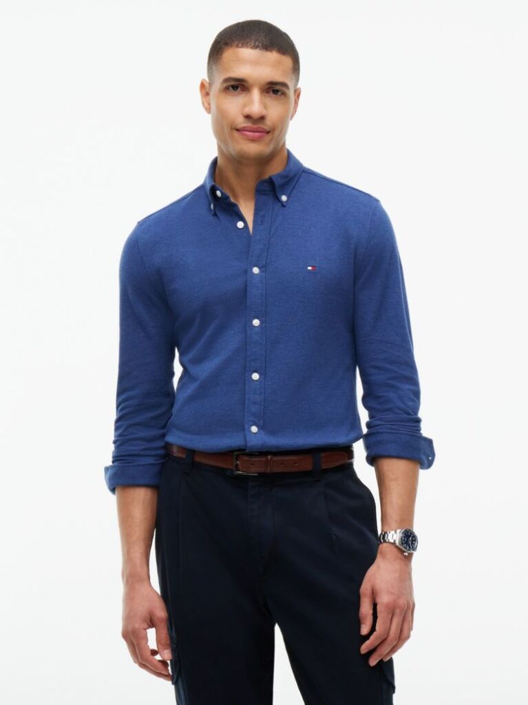 Blue Slim Fit Knit Pique Shirt  Men
