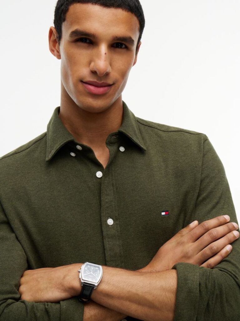 Green Slim Fit Knit Pique Shirt  Men