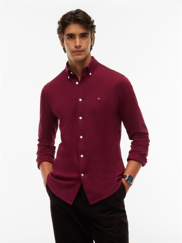 Red Slim Fit Knit Pique Shirt  Men