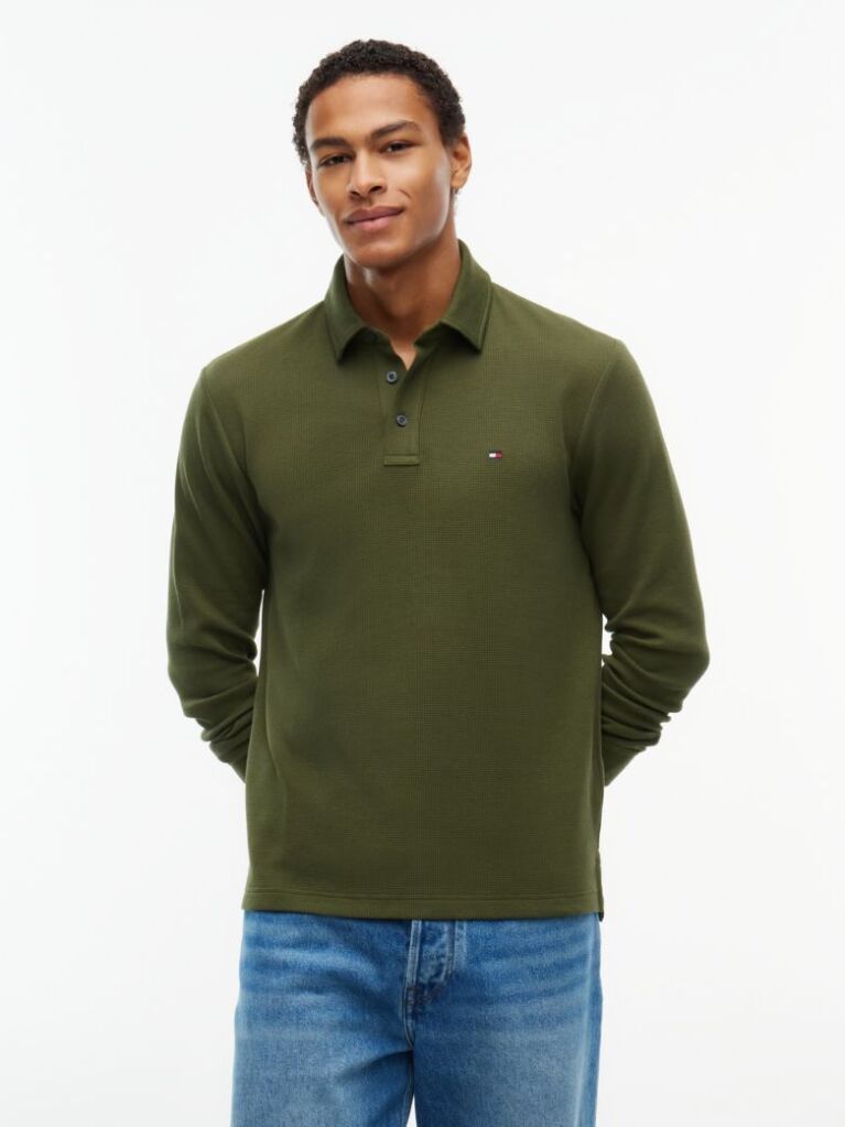 Green Regular Waffle Long Sleeve Polo Shirt  Men