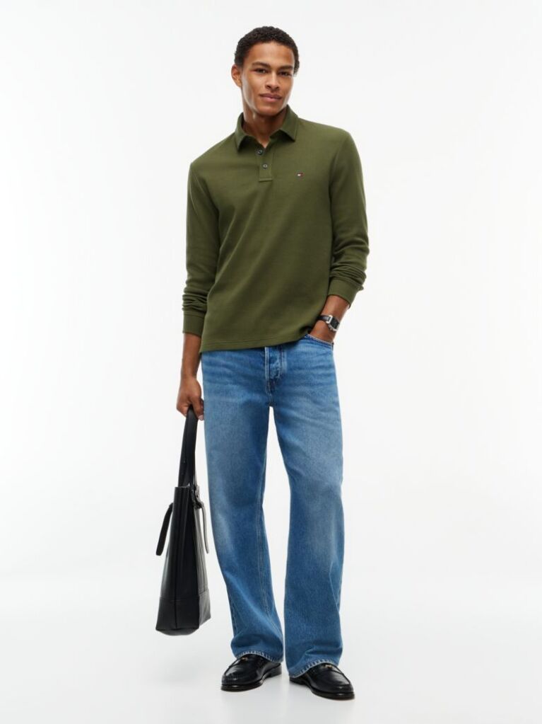 Green Regular Waffle Long Sleeve Polo Shirt  Men