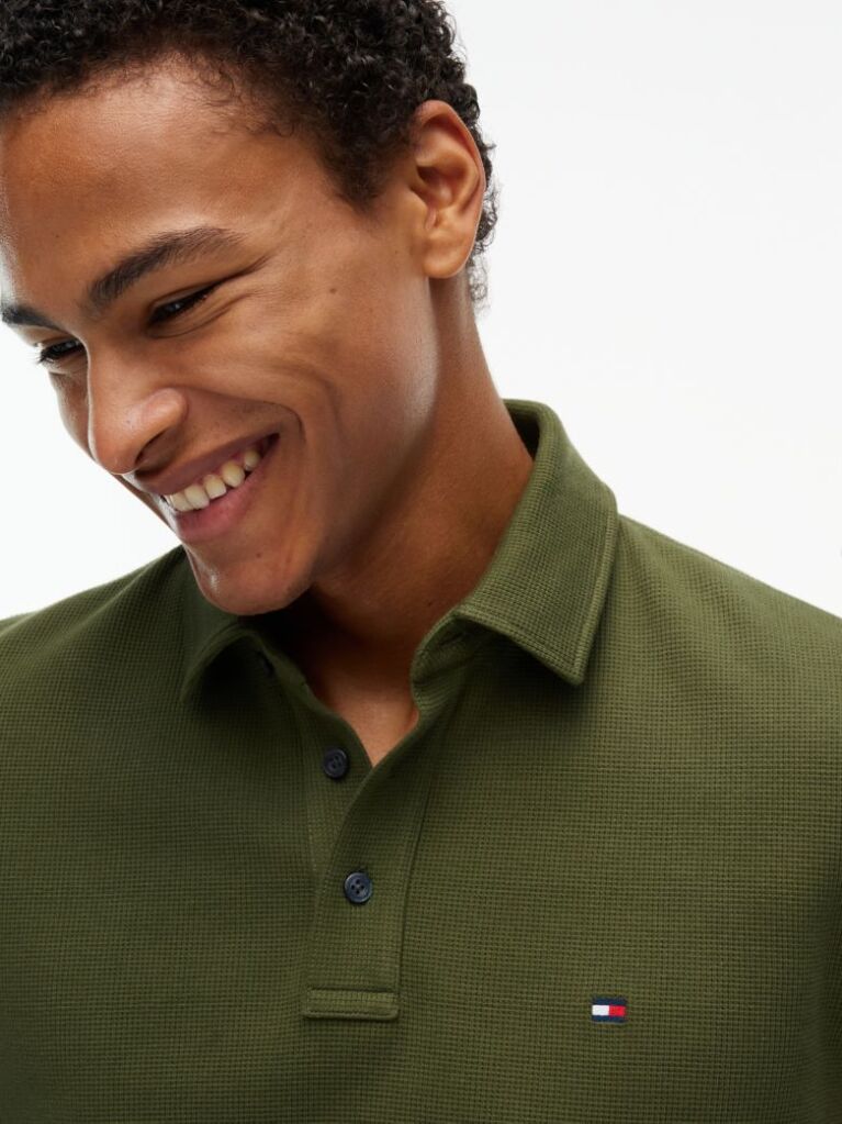 Green Regular Waffle Long Sleeve Polo Shirt  Men