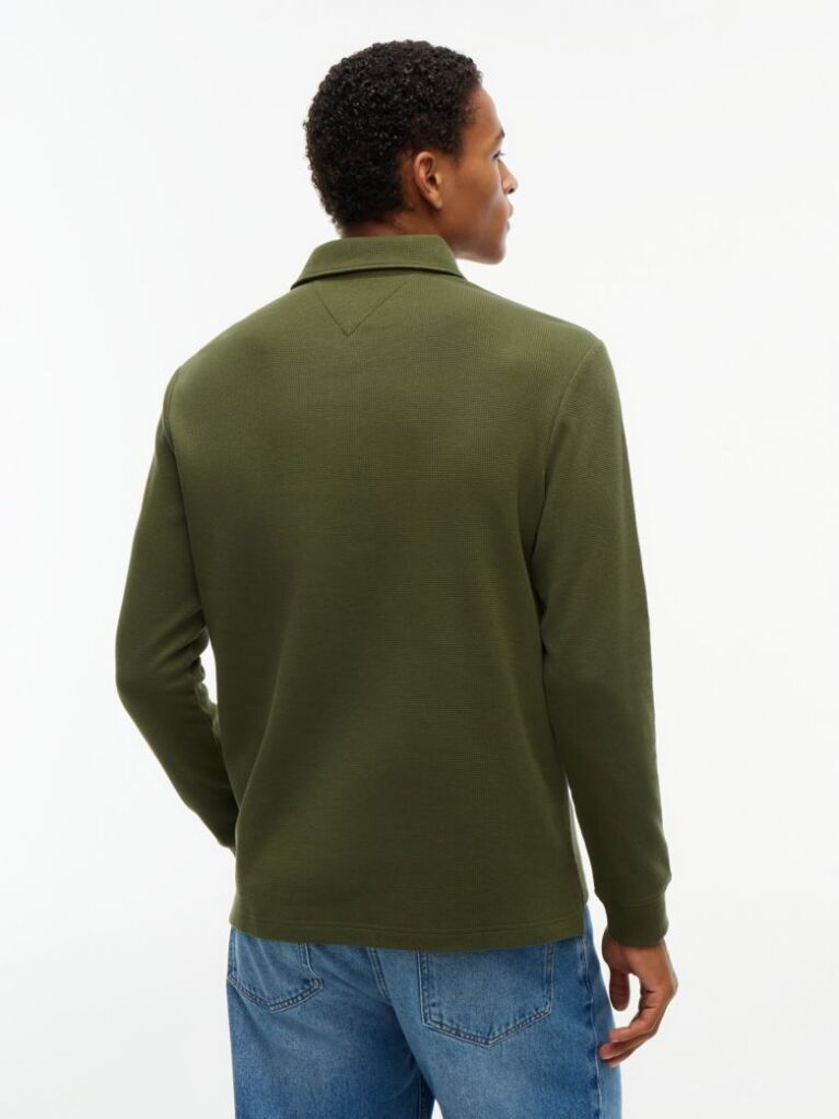 Green Regular Waffle Long Sleeve Polo Shirt  Men