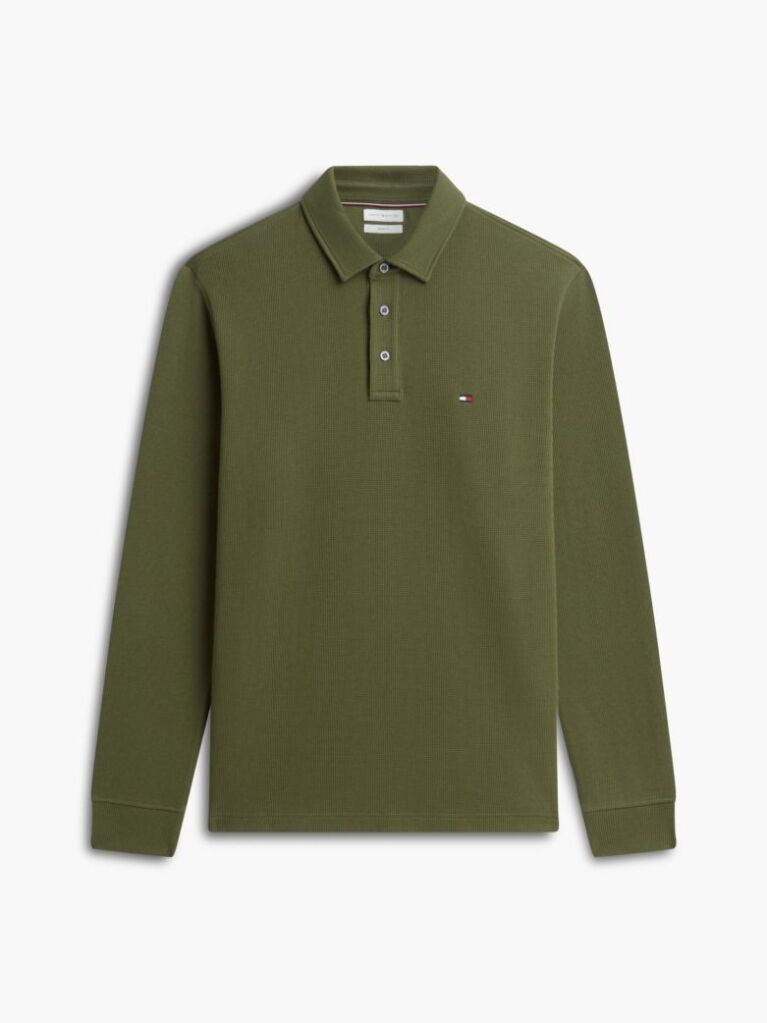 Green Regular Waffle Long Sleeve Polo Shirt  Men