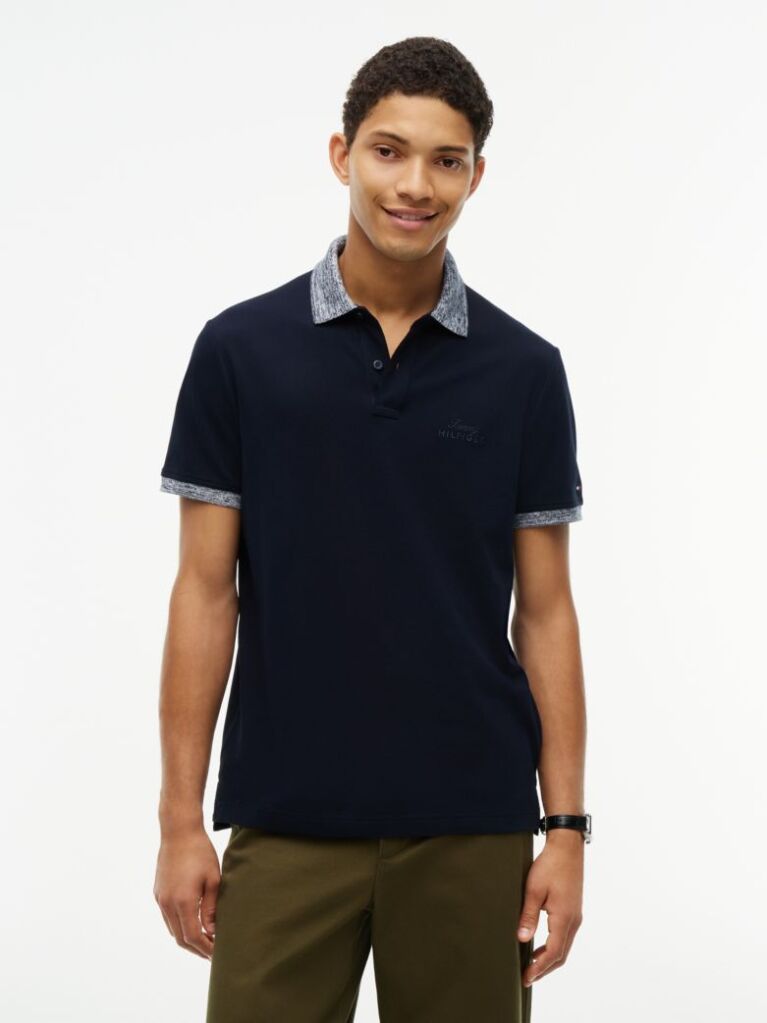 Blue Regular Fit Mélange Trim Pique Polo Shirt  Men