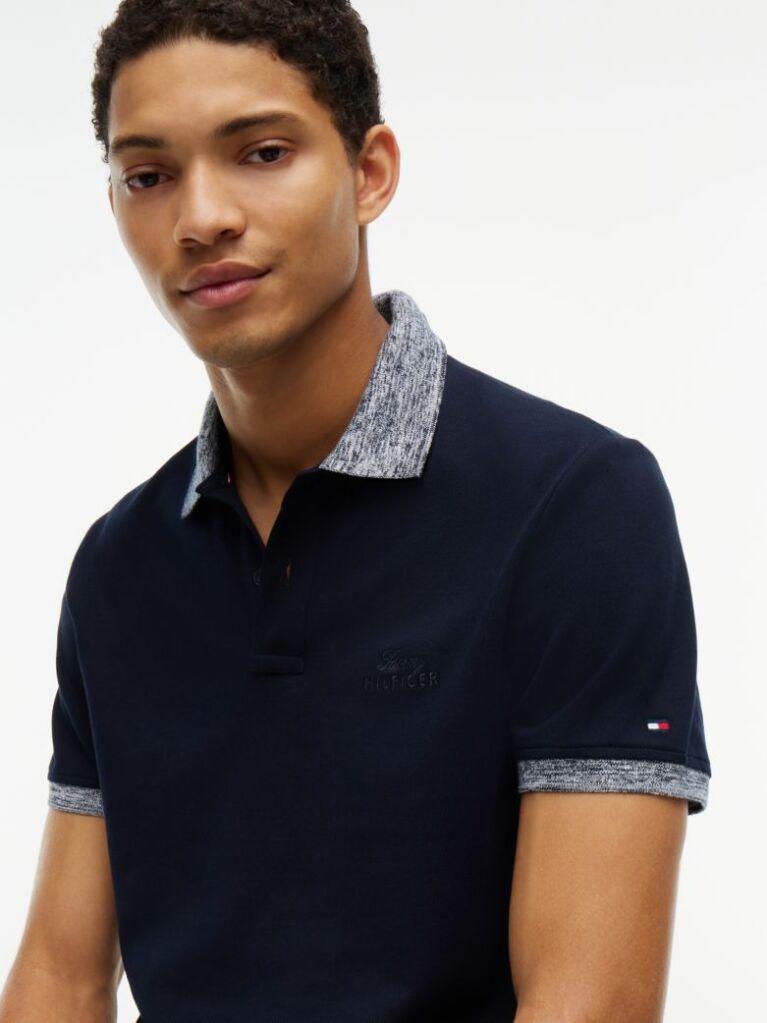 Blue Regular Fit Mélange Trim Pique Polo Shirt  Men