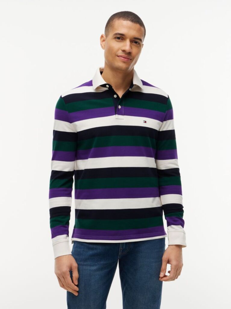 Multi Rugby Stripe Long Sleeve Polo Shirt  Men