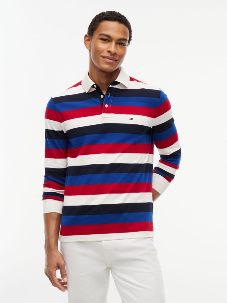 Multi Rugby Stripe Long Sleeve Polo Shirt  Men