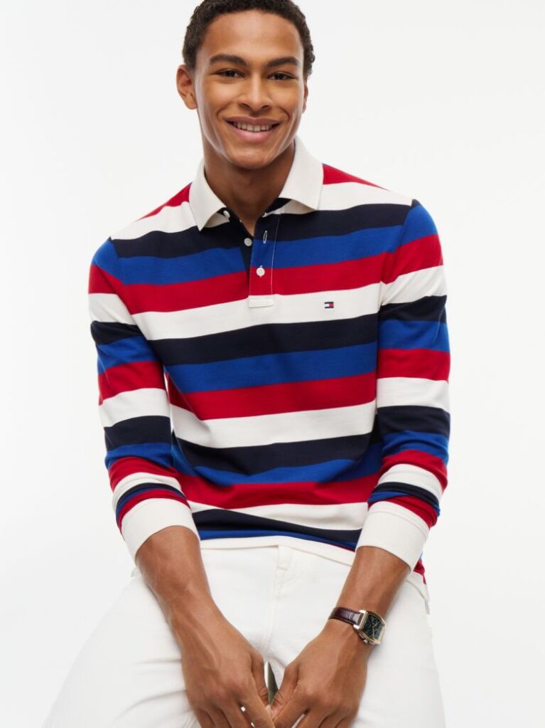 Multi Rugby Stripe Long Sleeve Polo Shirt  Men