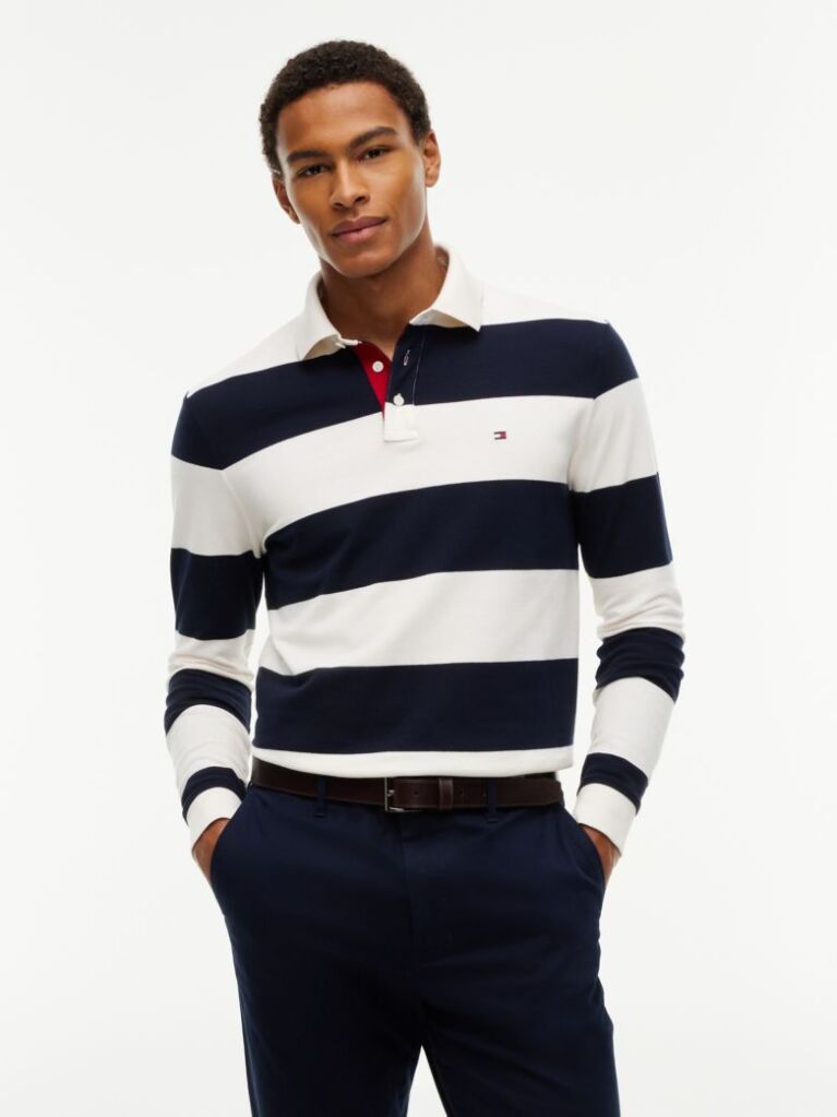 Multi Rugby Stripe Long Sleeve Polo Shirt  Men