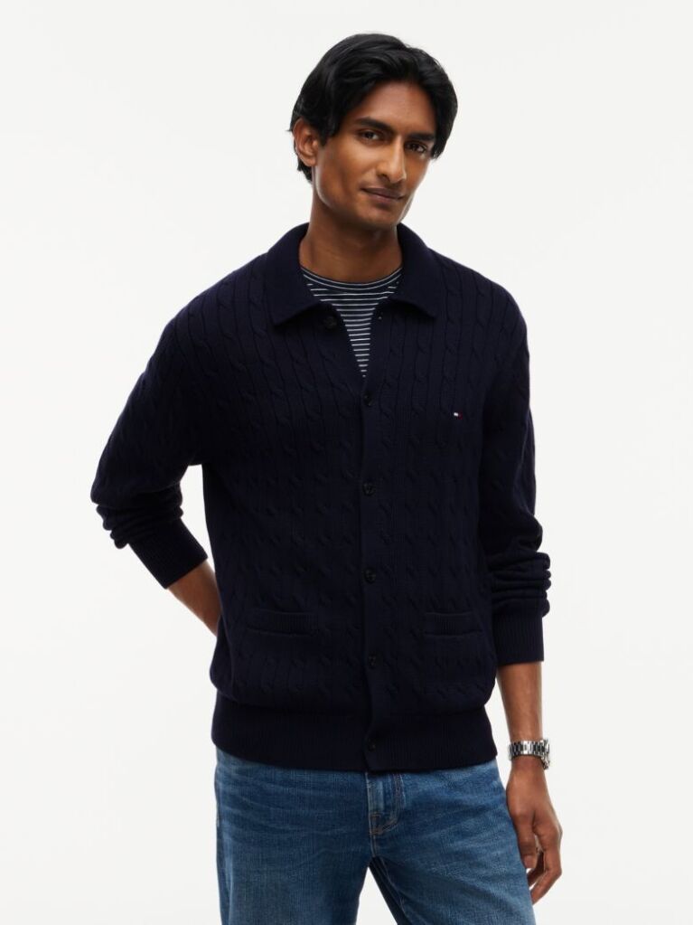 Blue Cable Knit Collared Cardigan  Men