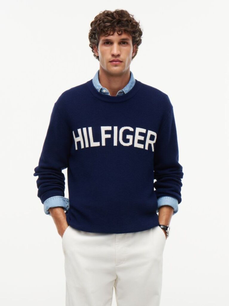 Blue Intarsia Logo Waffle Knit Relaxed Jumper  Men
