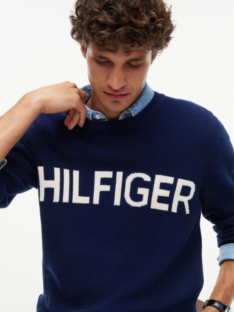 Blue Intarsia Logo Waffle Knit Relaxed Jumper  Men