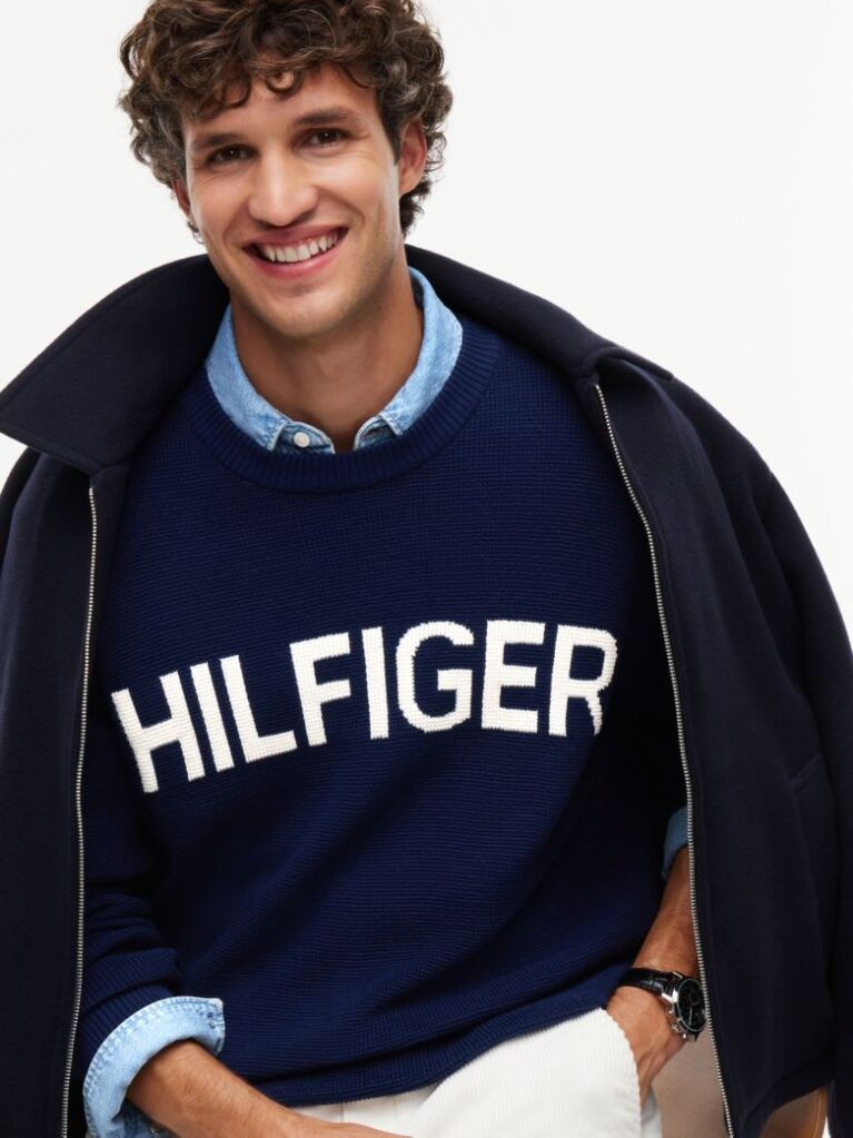 Blue Intarsia Logo Waffle Knit Relaxed Jumper  Men