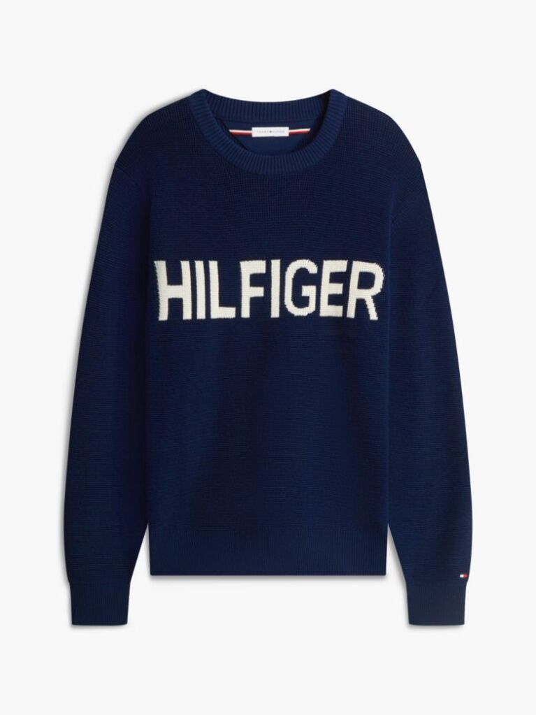 Blue Intarsia Logo Waffle Knit Relaxed Jumper  Men