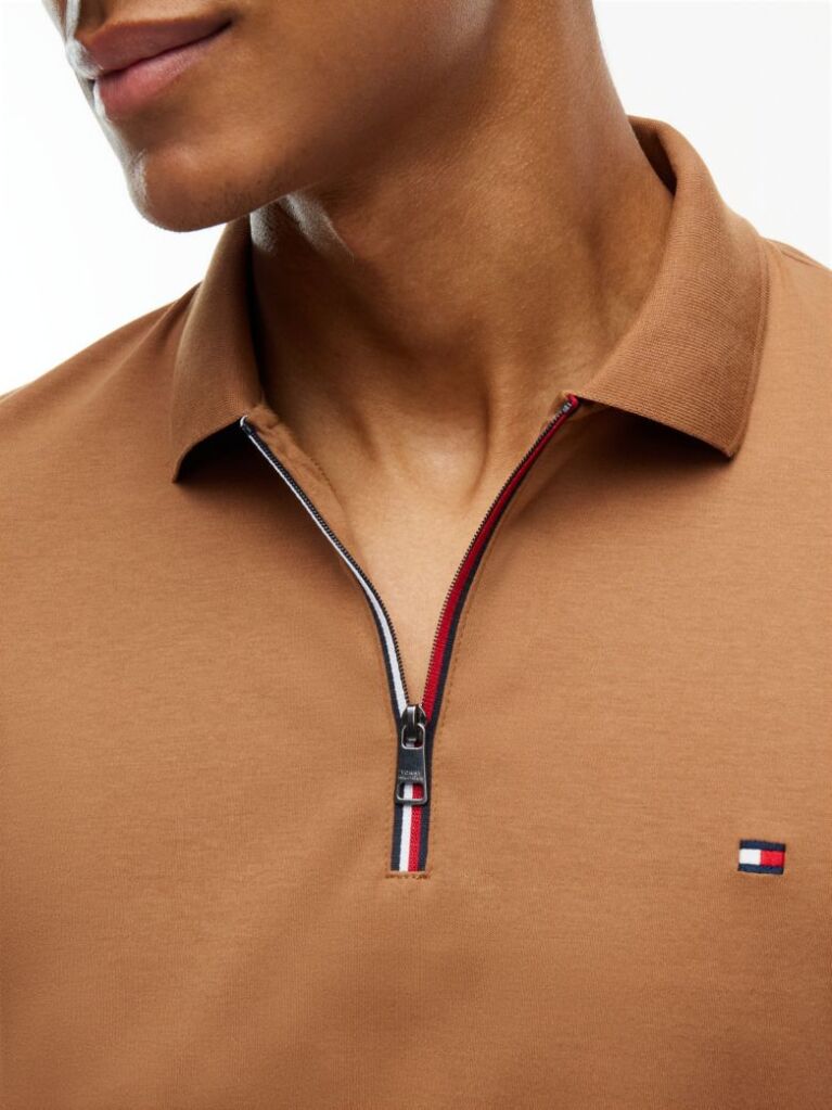 Brown Fluid Cotton Long Sleeve Polo Shirt  Men