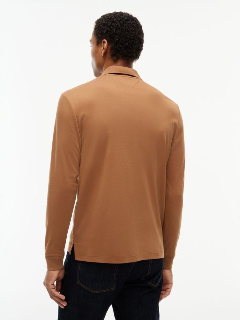 Brown Fluid Cotton Long Sleeve Polo Shirt  Men