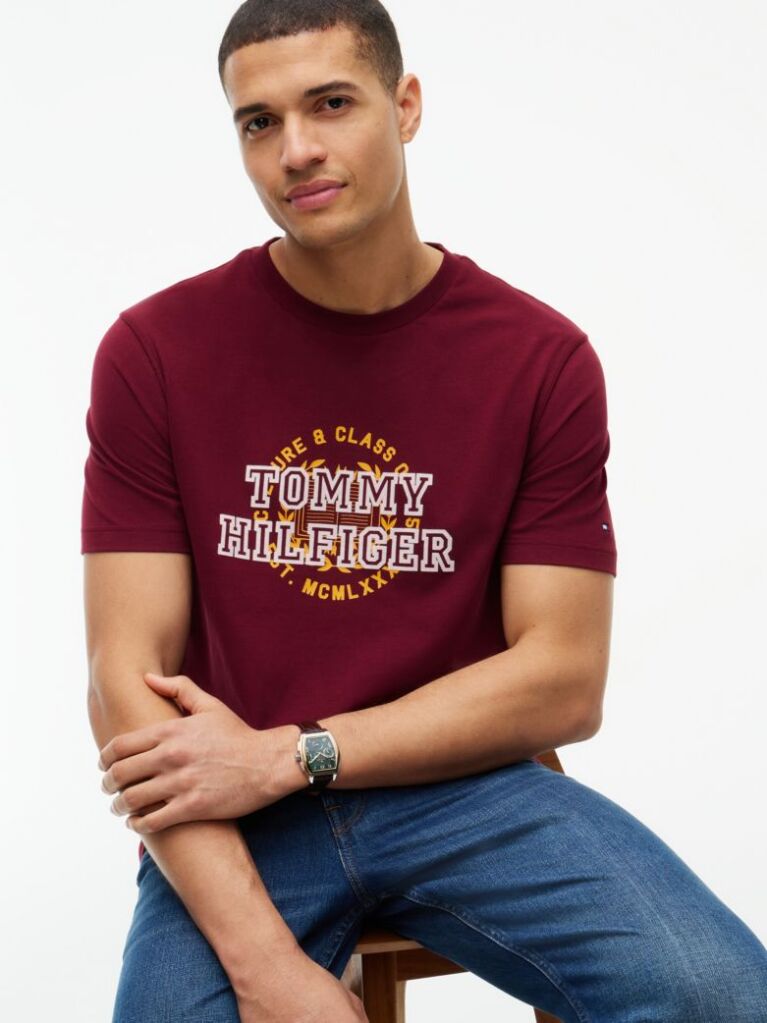 Κόκκινο Βαμβακερό T-Shirt Με Varsity Λογότυπο  Άνδρες