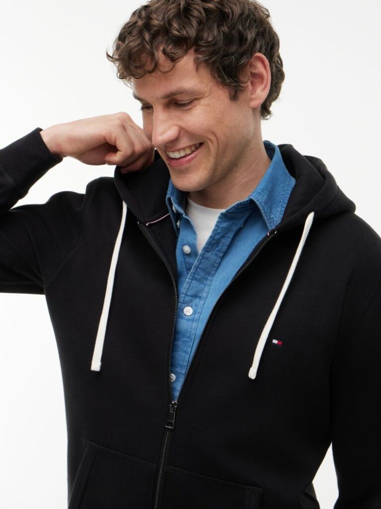Μαύρο Fleece Hoody Με Φερμουάρ Και Κεντητό Σημαιάκι  Άνδρες