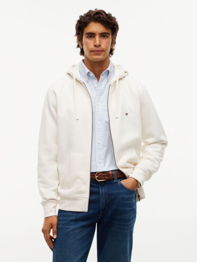 Μπεζ Fleece Hoody Με Φερμουάρ Και Κεντητό Σημαιάκι  Άνδρες