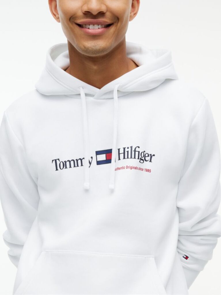 White Logo Fleece Drawstring Hoody  Men