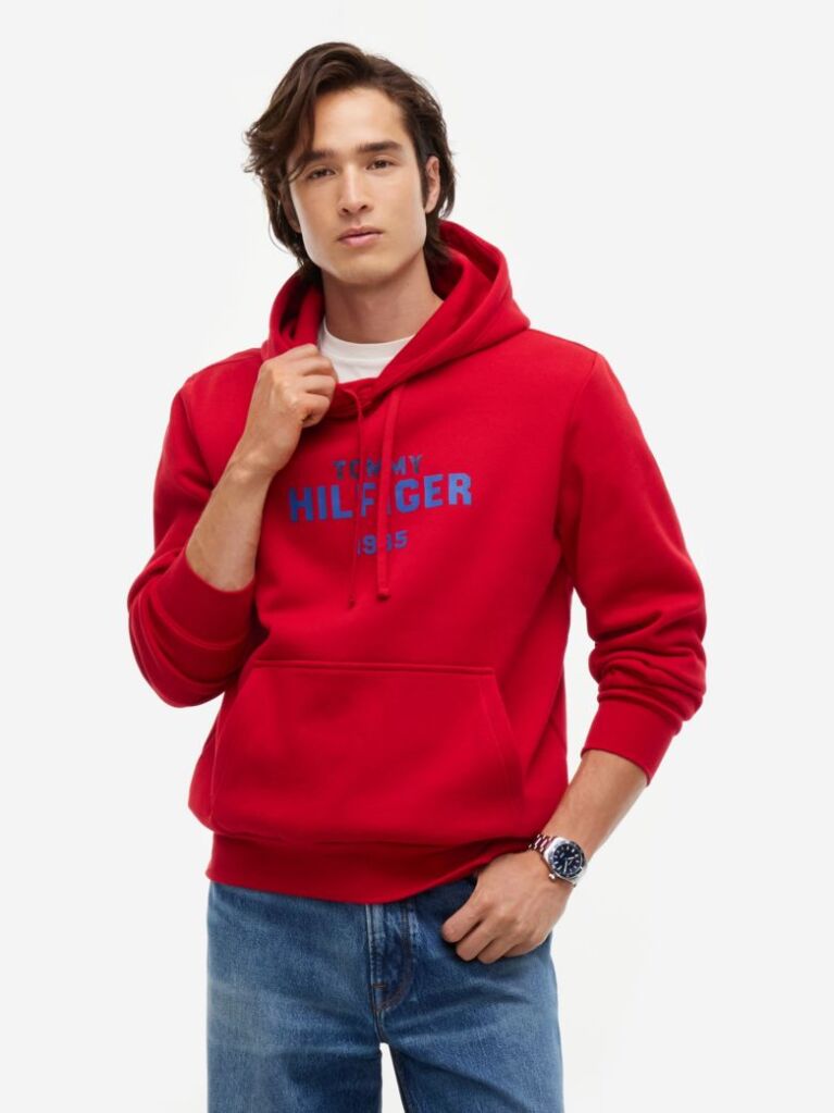 Red Logo Embroidery Fleece Hoody  Men